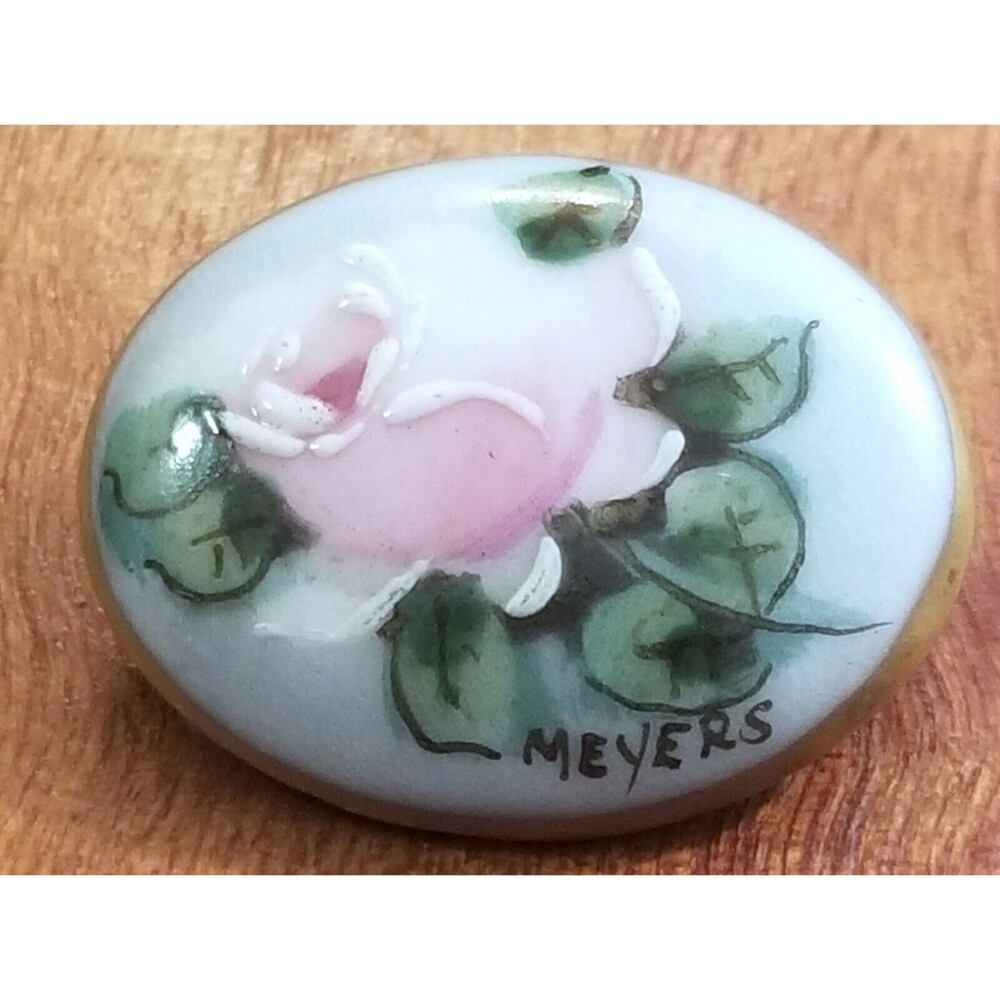 Vintage Victorian Style Signed Meyers Hand Painted Pink Rose Oval Brooch